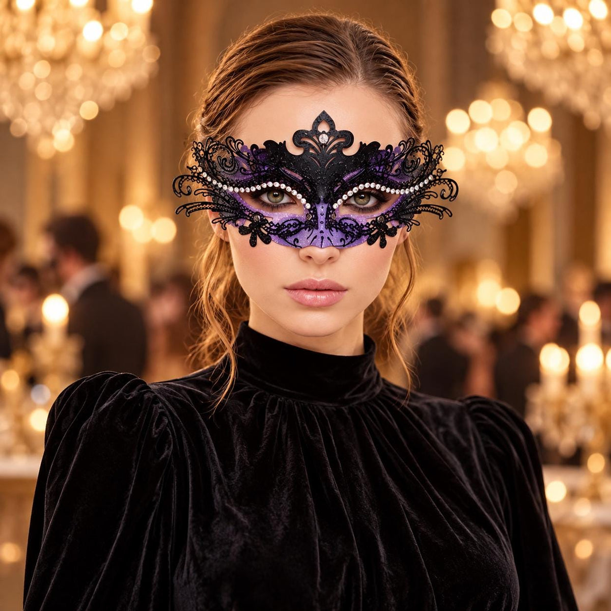 Black and Purple Rhinestone Masquerade Mask for Women, Detailed Cutout Venetian Eye Mask - product photo