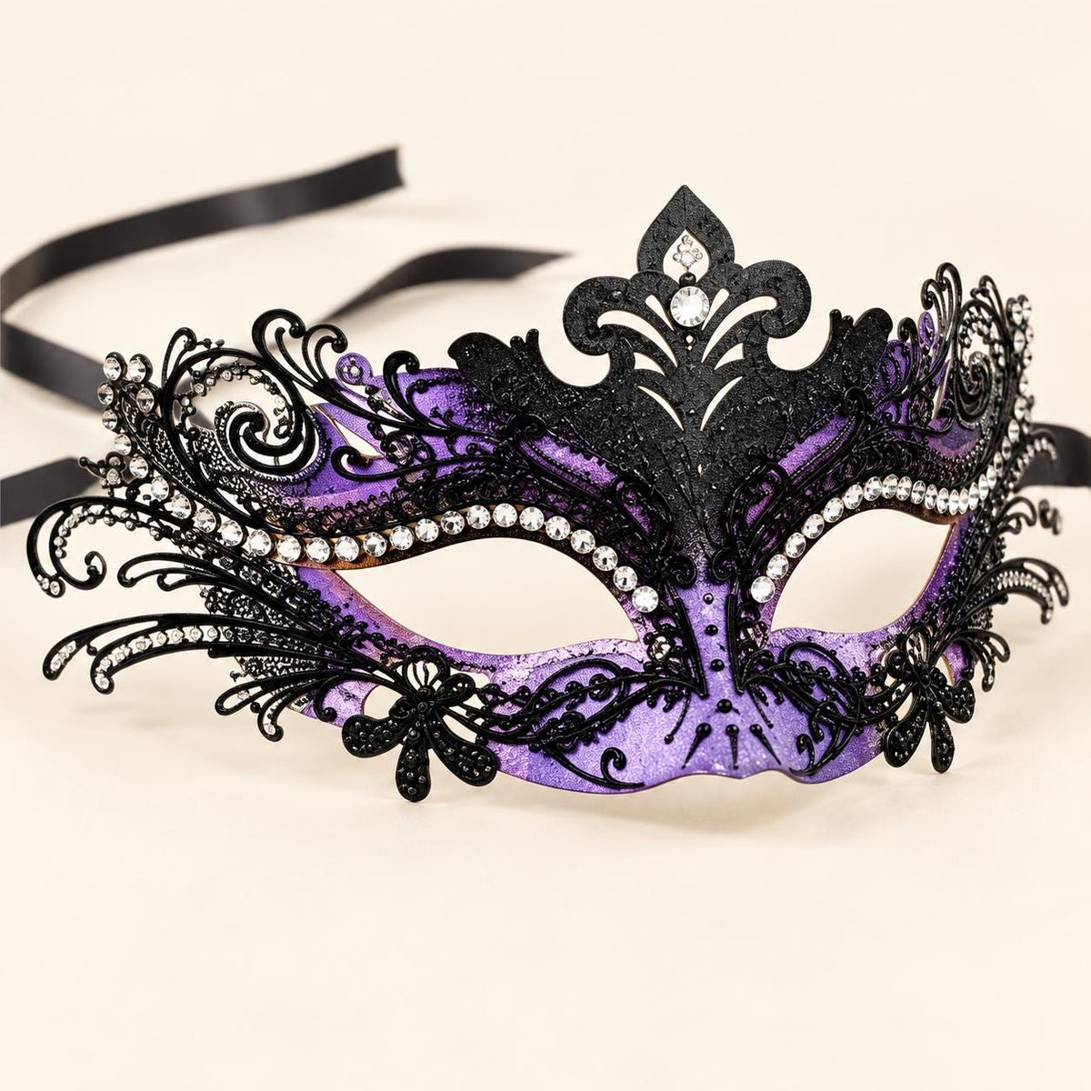 Black and Purple Rhinestone Masquerade Mask for Women, Detailed Cutout Venetian Eye Mask - product photo
