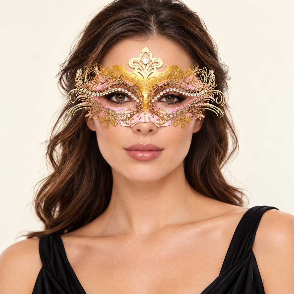 Gold and Pink Rhinestone Masquerade Mask for Women, Detailed Cutout Venetian Eye Mask - main image