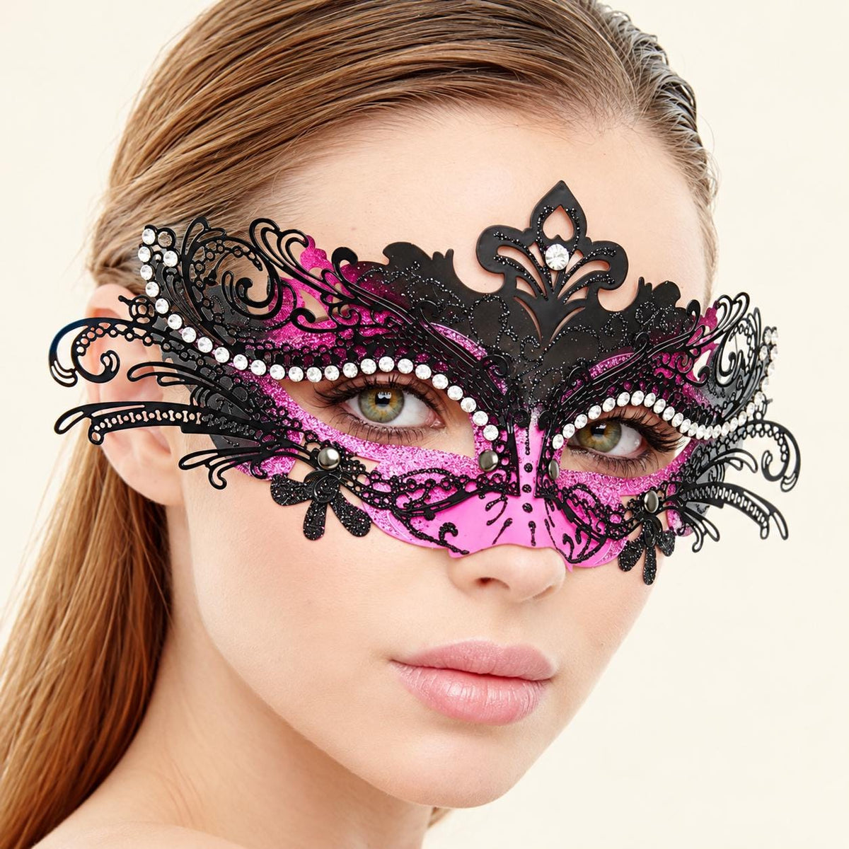 Black and Pink Rhinestone Masquerade Mask for Women, Detailed Cutout Venetian Eye Mask - product photo