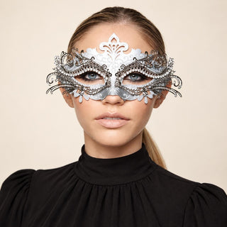 Silver Rhinestone Masquerade Mask for Women, Detailed Cutout Venetian Eye Mask - main image