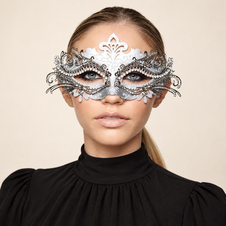 Silver Rhinestone Masquerade Mask for Women, Detailed Cutout Venetian Eye Mask - main image