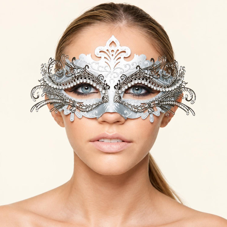 Silver Rhinestone Masquerade Mask for Women, Detailed Cutout Venetian Eye Mask - product photo