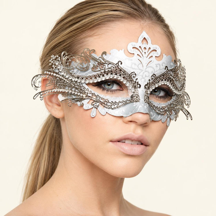 Silver Rhinestone Masquerade Mask for Women, Detailed Cutout Venetian Eye Mask - product photo