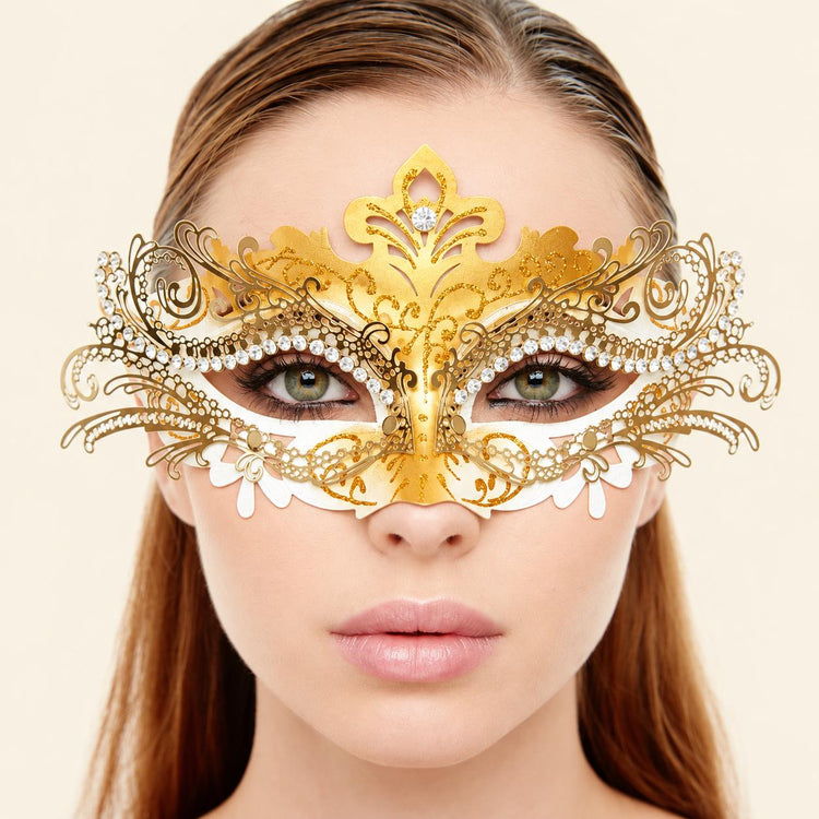 Gold Rhinestone Masquerade Mask for Women, Detailed Cutout Venetian Eye Mask - product photo