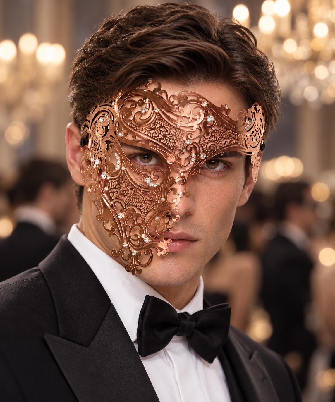 Rose Gold Masquerade Mask with Clear Rhinestones for Men, Side Design Costume Party Mask - product photo