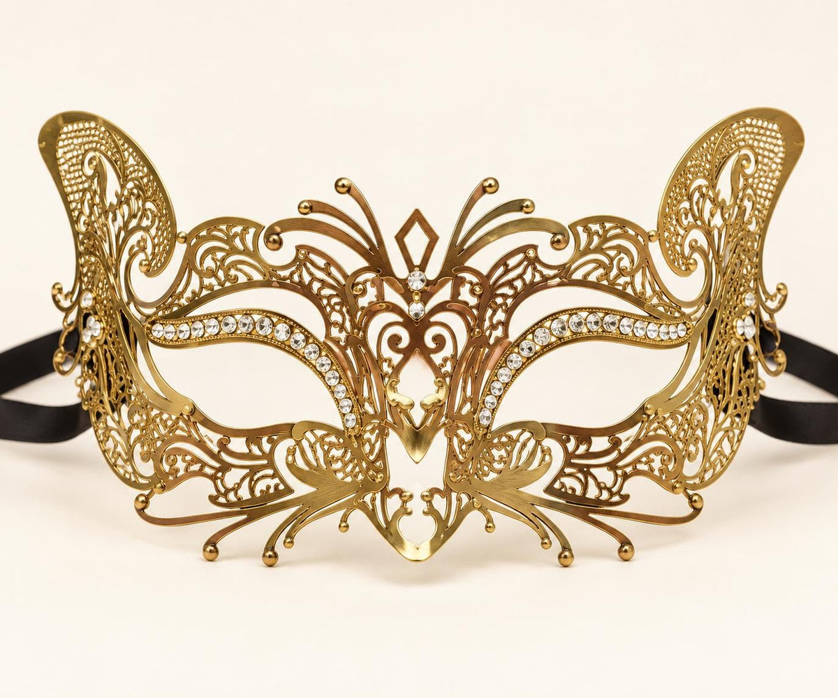 Gold Cutout Masquerade Mask for Women, Detailed Venetian Eye Mask with Clear Rhinestones - product photo