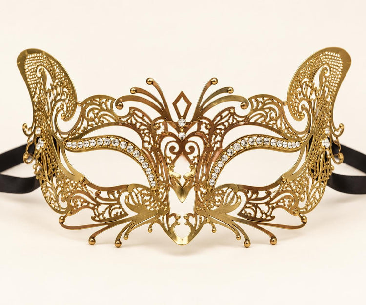 Gold Cutout Masquerade Mask for Women, Detailed Venetian Eye Mask with Clear Rhinestones - product photo