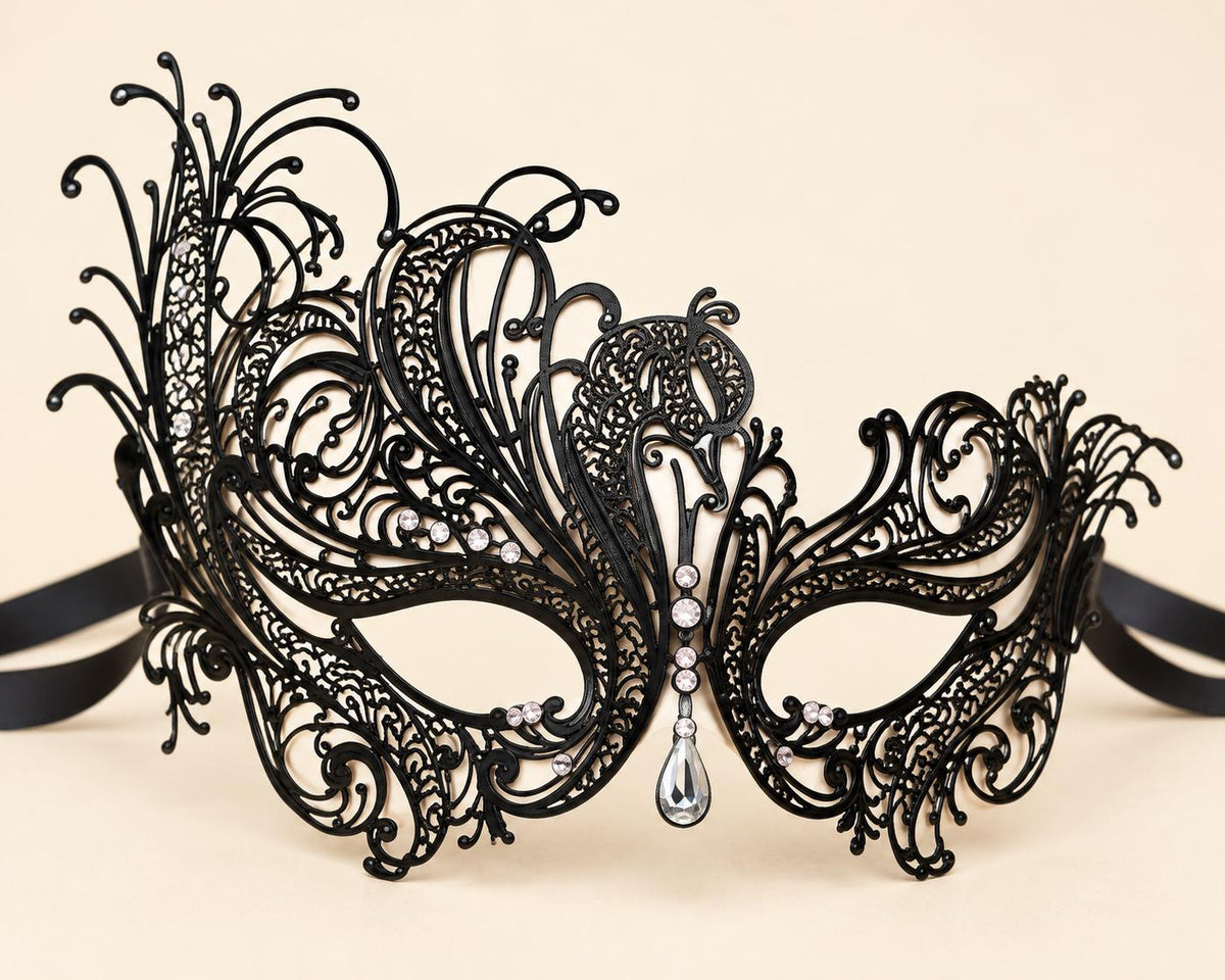 Black Swan Masquerade Mask with Clear Teardrop Stone for Women, Side Design Party Mask - product photo
