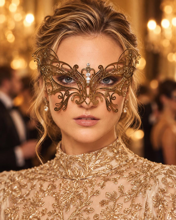 Gold Butterfly Masquerade Mask with Clear Rhinestones for Women, Party Eye Mask for Prom - main image