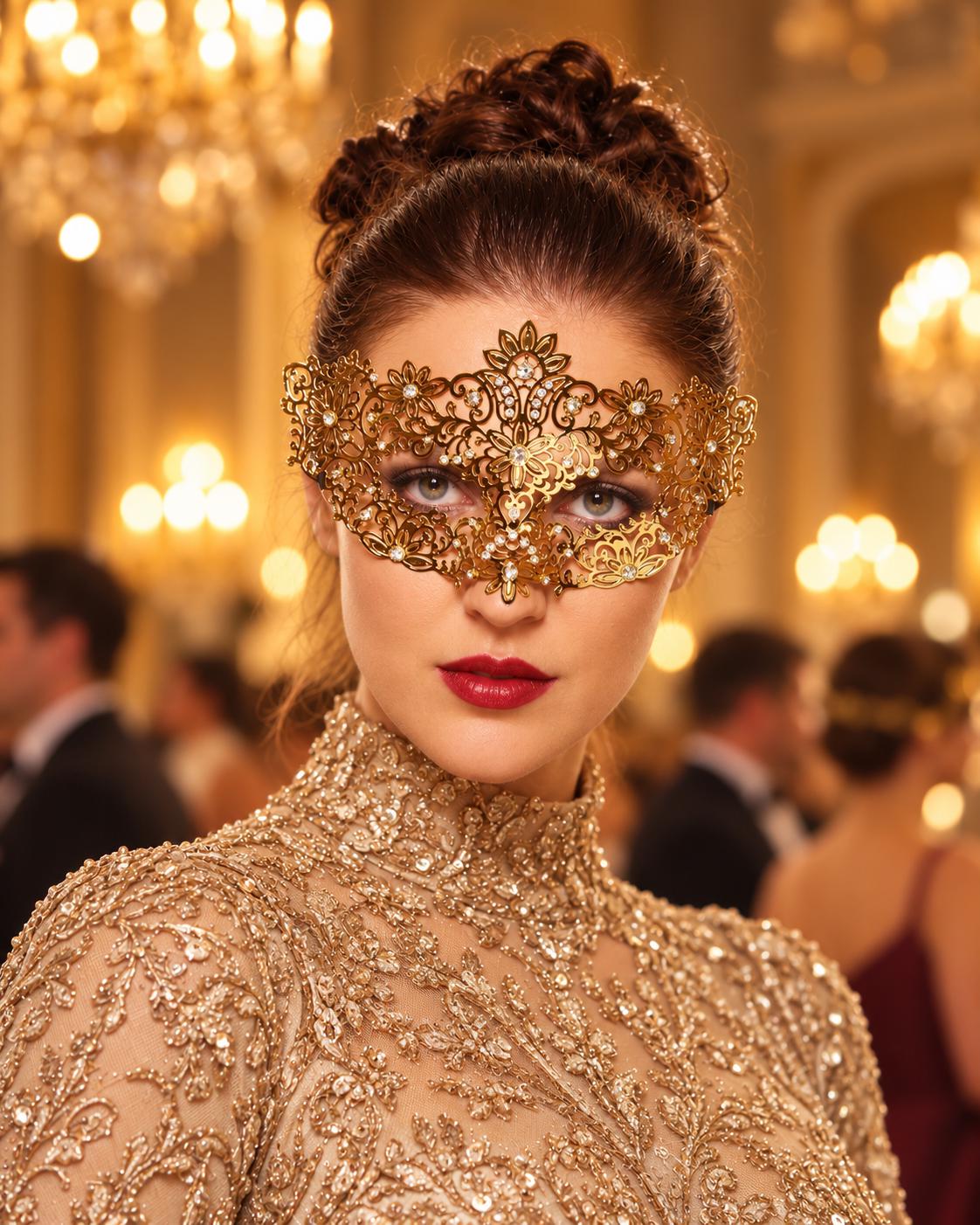 Gold Flower Masquerade Mask with Clear Stones for Women, Party Eye Mask for Prom - main image