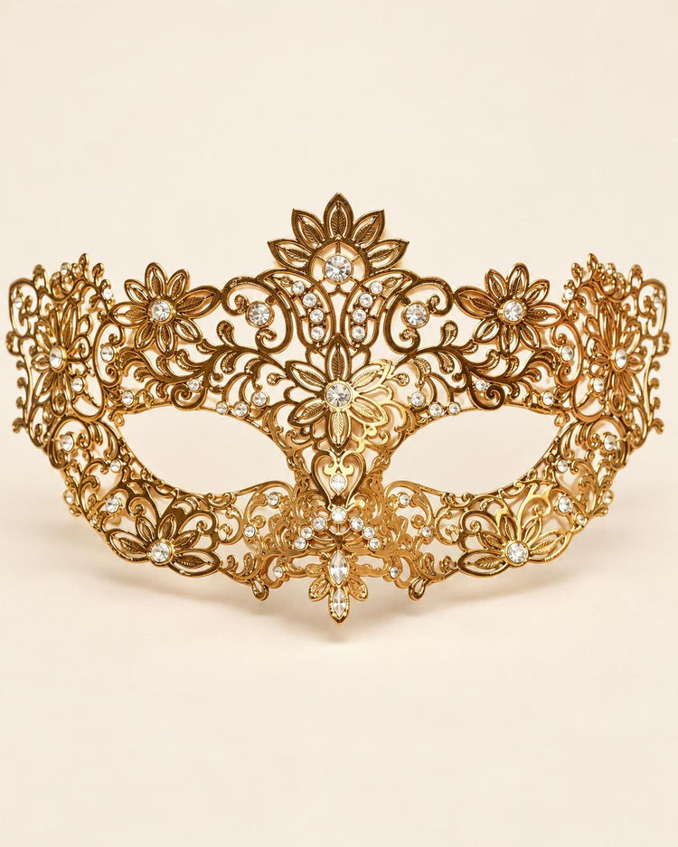Gold Flower Masquerade Mask with Clear Stones for Women, Party Eye Mask for Prom - product photo