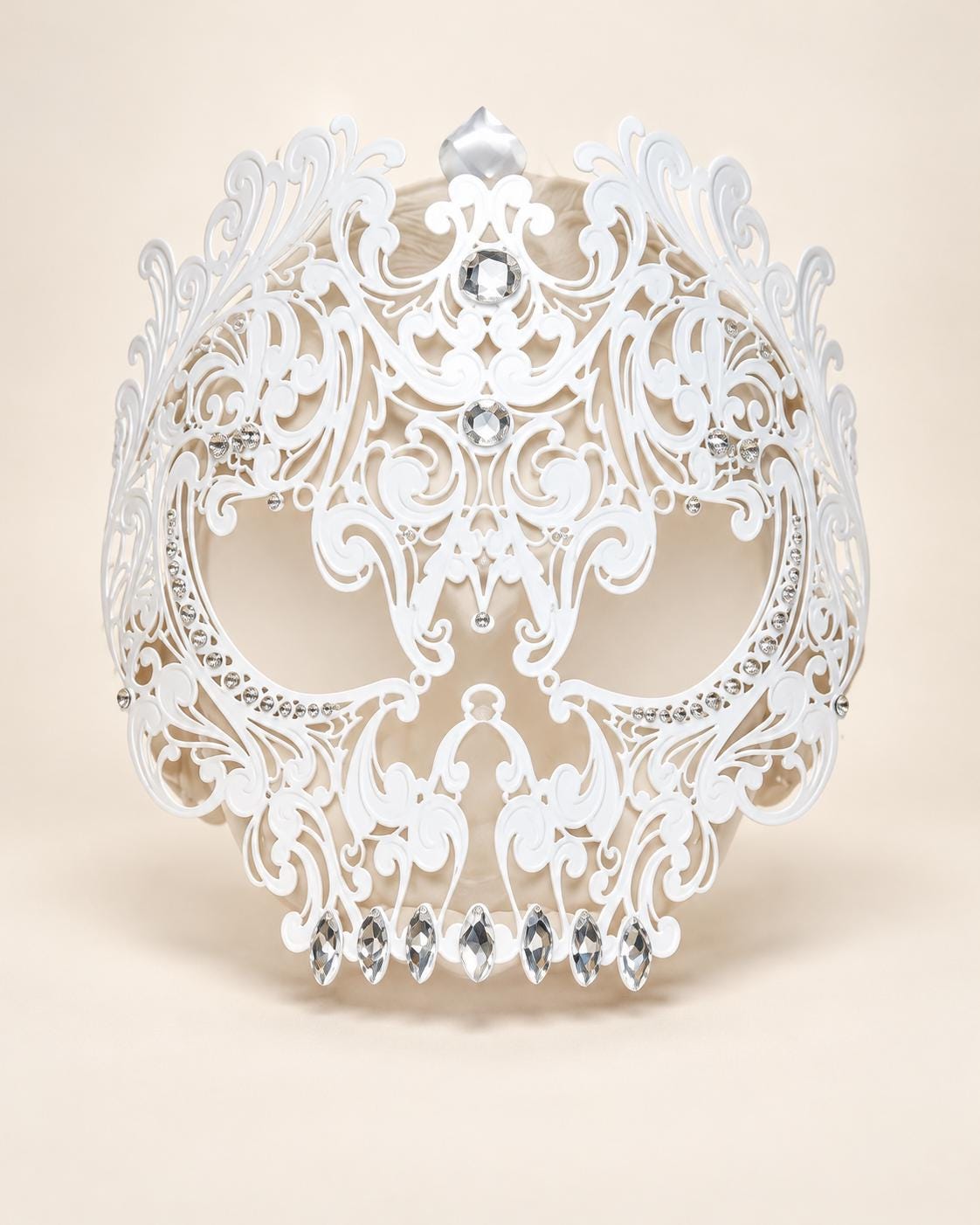 White Skull Masquerade Mask with Clear Crystals for Women, Full Face Halloween Costume Mask - product photo