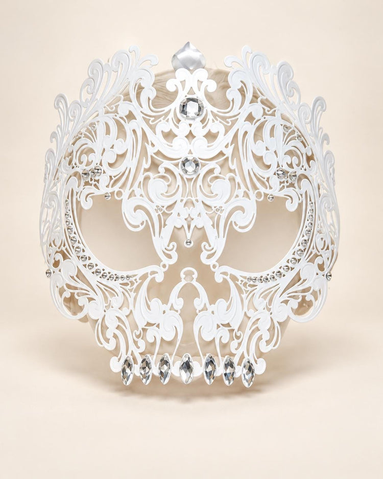 White Skull Masquerade Mask with Clear Crystals for Women, Full Face Halloween Costume Mask - product photo