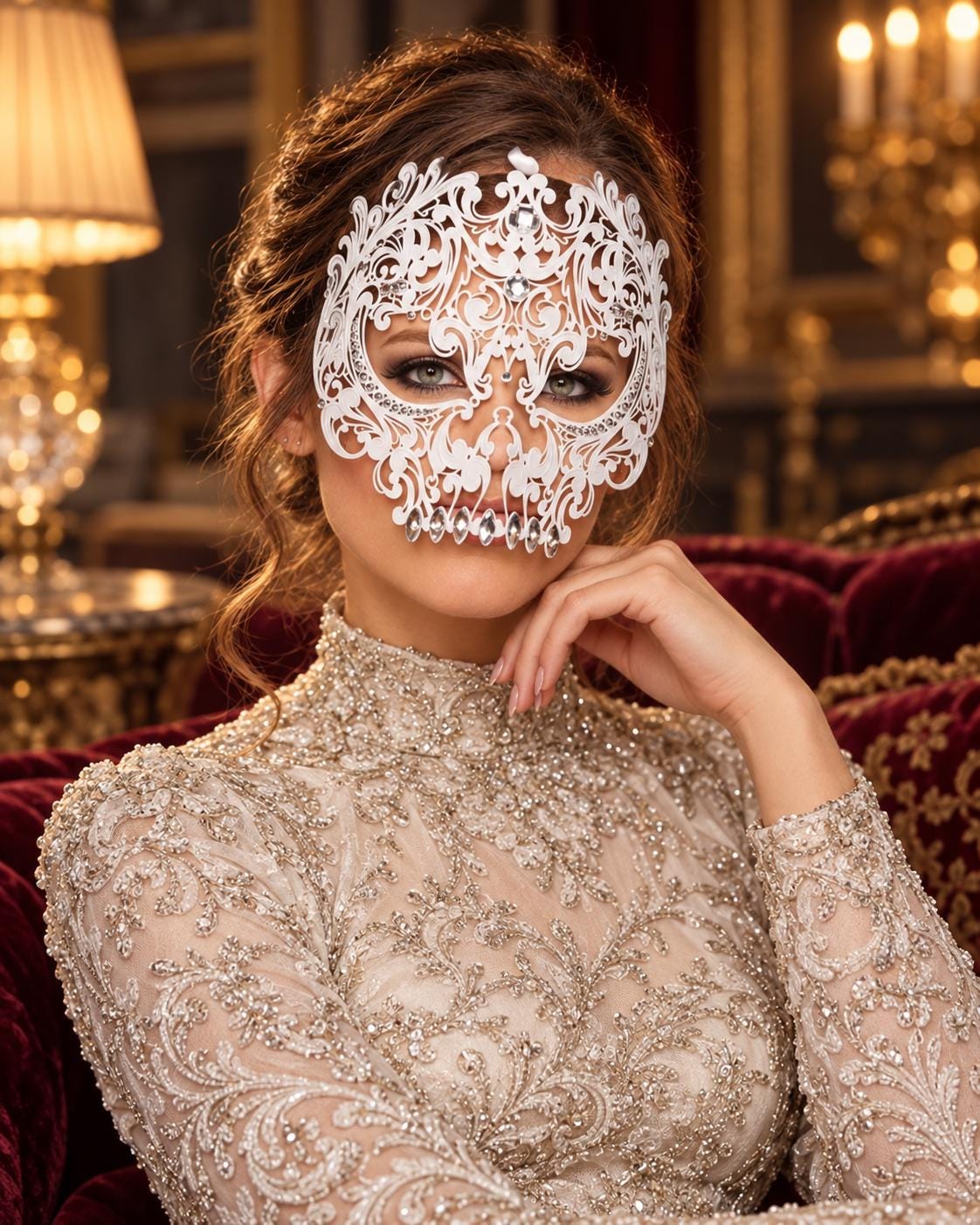 White Skull Masquerade Mask with Clear Crystals for Women, Full Face Halloween Costume Mask - product photo