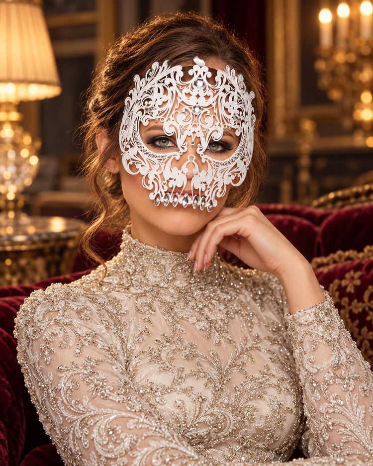 White Skull Masquerade Mask with Clear Crystals for Women, Full Face Halloween Costume Mask - product photo