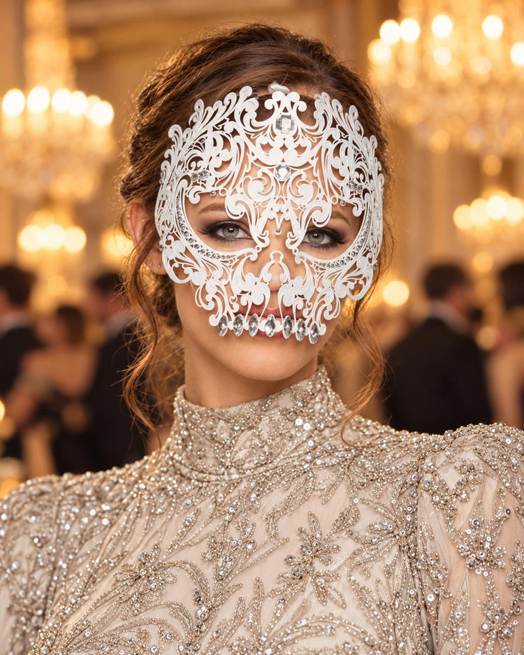 White Skull Masquerade Mask with Clear Crystals for Women, Full Face Halloween Costume Mask - main image