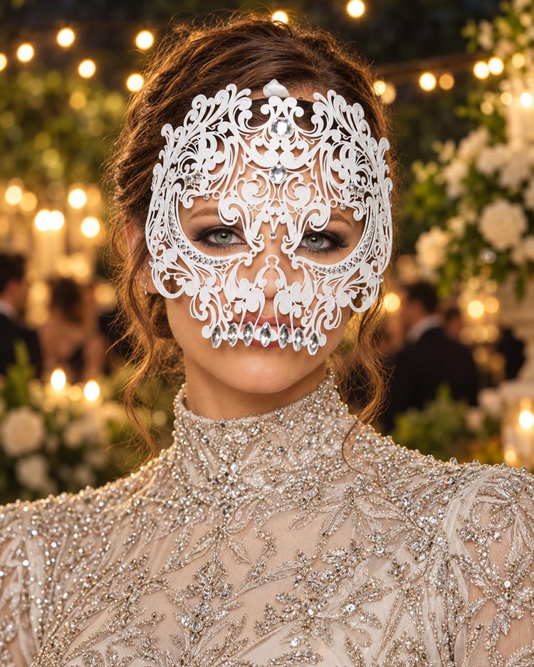 White Skull Masquerade Mask with Clear Crystals for Women, Full Face Halloween Costume Mask - product photo