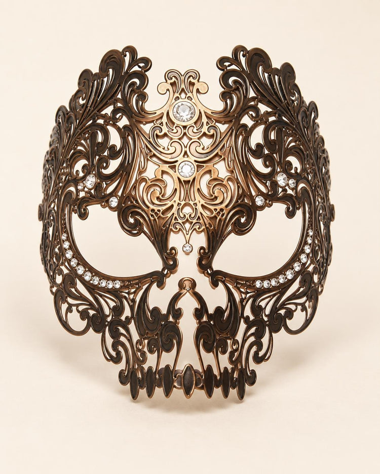 Antique Bronze Skull Masquerade Mask with Clear Rhinestones for Women, Full Face Costume Mask - product photo