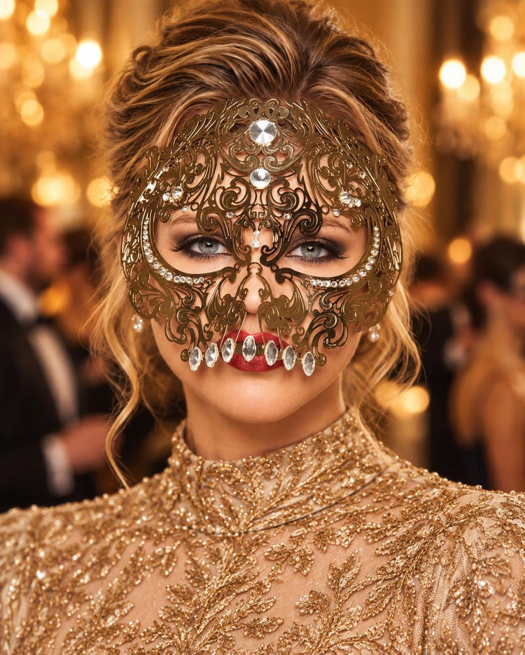Gold Skull Masquerade Mask with Clear Crystals for Women, Full Face Halloween Costume Mask - main image
