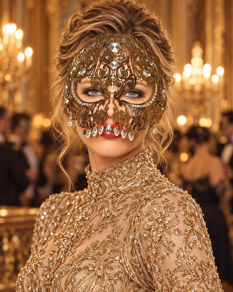 Gold Skull Masquerade Mask with Clear Crystals for Women, Full Face Halloween Costume Mask - product photo