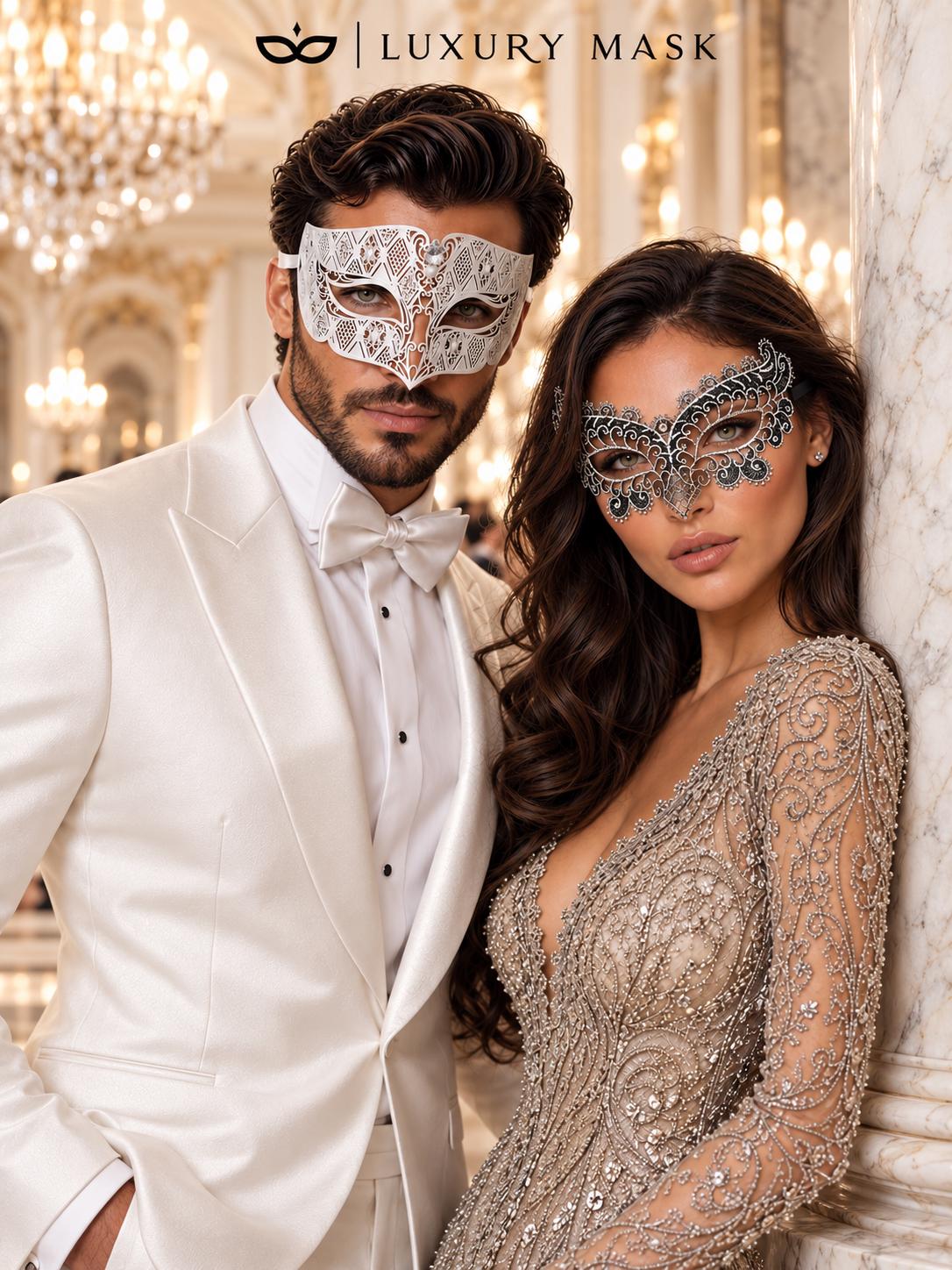 White Diamond Metal Mask for Men & Silver Black Lace Mask for Women - Clear Stone Venetian His and Hers Masquerade Set - product photo