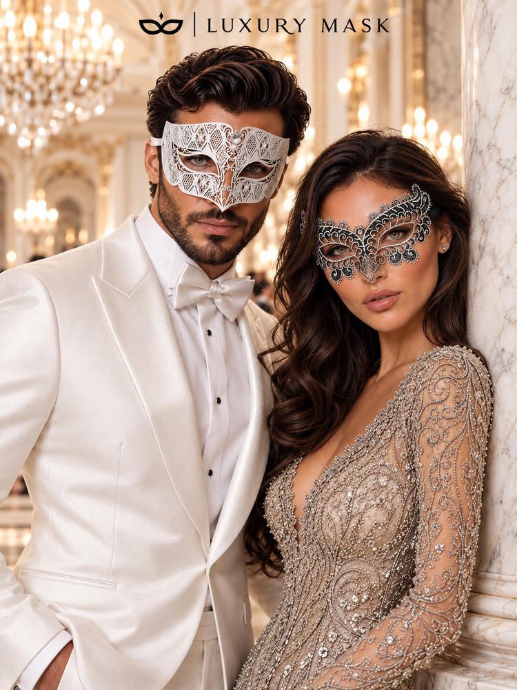 White Diamond Metal Mask for Men & Silver Black Lace Mask for Women - Clear Stone Venetian His and Hers Masquerade Set - product photo