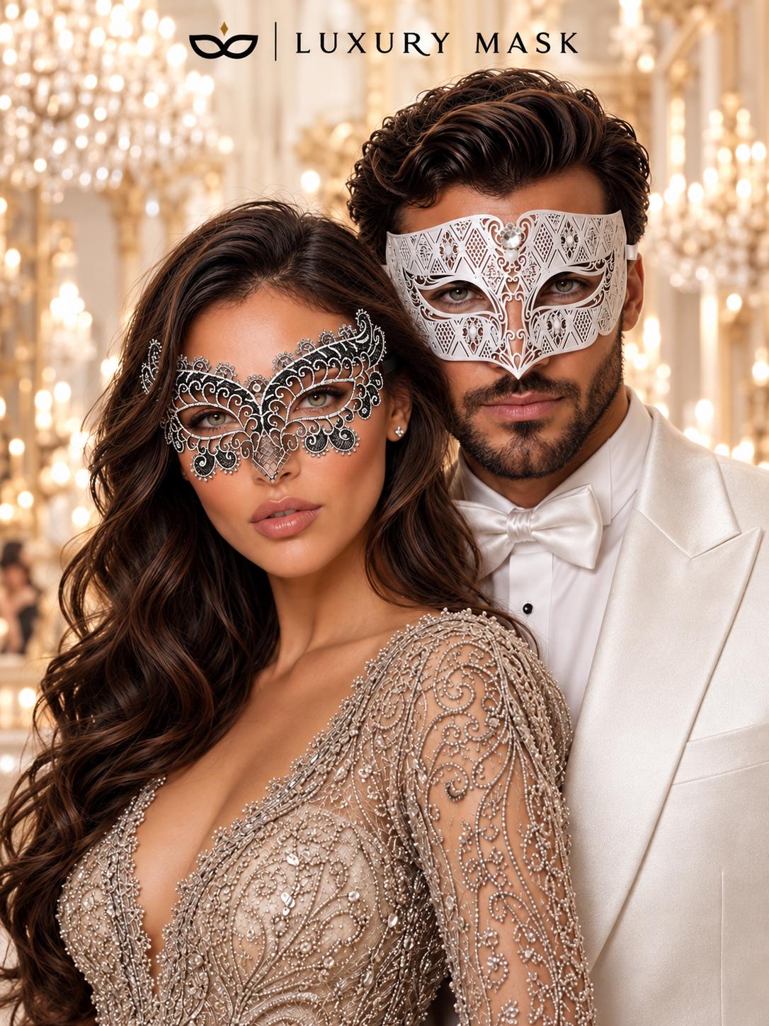 White Diamond Metal Mask for Men & Silver Black Lace Mask for Women - Clear Stone Venetian His and Hers Masquerade Set - product photo