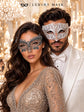 White Diamond Metal Mask for Men & Silver Black Lace Mask for Women - Clear Stone Venetian His and Hers Masquerade Set - product photo