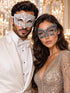 White Diamond Metal Mask for Men & Silver Black Lace Mask for Women - Clear Stone Venetian His and Hers Masquerade Set - main image