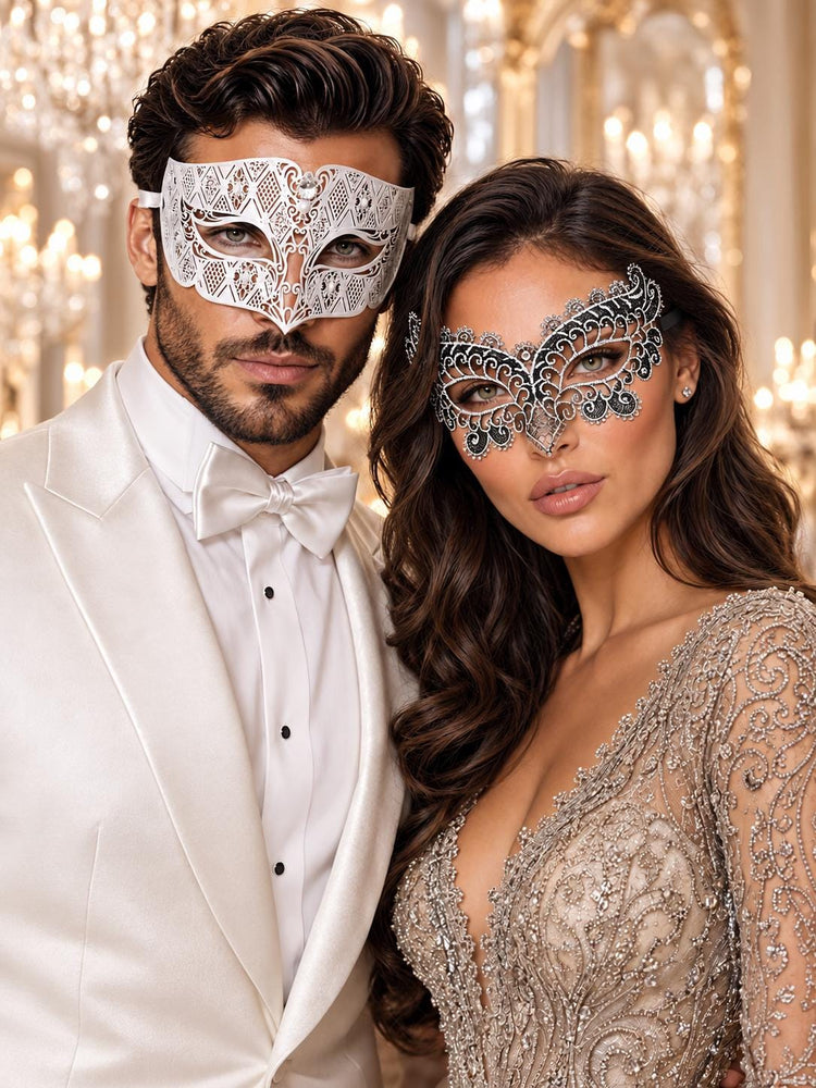 White Diamond Metal Mask for Men & Silver Black Lace Mask for Women - Clear Stone Venetian His and Hers Masquerade Set - main image