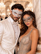 White Clear Stone Venetian Mask for Men & Silver Lace Mask for Women - Diamond Laser Cut Metal His and Hers Masquerade Set - product photo