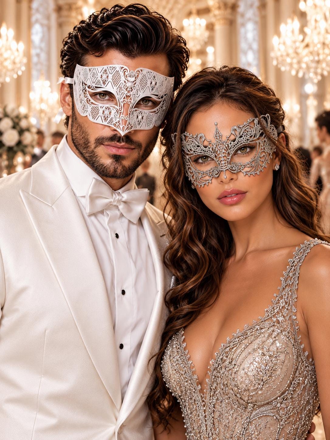 White Clear Stone Venetian Mask for Men & Silver Lace Mask for Women - Diamond Laser Cut Metal His and Hers Masquerade Set - main image