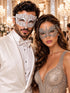White Clear Stone Venetian Mask for Men & Silver Lace Mask for Women - Diamond Laser Cut Metal His and Hers Masquerade Set - main image