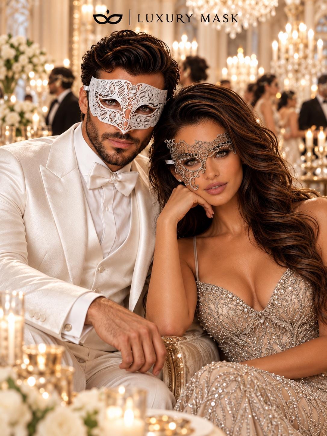 Silver Phantom Lace Mask for Women & White Diamond Metal Mask for Men - Clear Stone Venetian Couples Masquerade Set - product photo