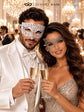 Silver Phantom Lace Mask for Women & White Diamond Metal Mask for Men - Clear Stone Venetian Couples Masquerade Set - product photo