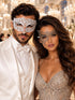 Silver Phantom Lace Mask for Women & White Diamond Metal Mask for Men - Clear Stone Venetian Couples Masquerade Set - main image