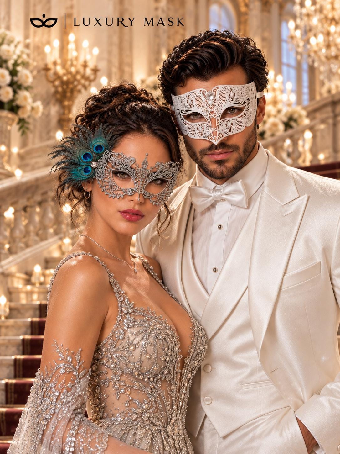 White Diamond Clear Stone Mask for Men & Silver Peacock Lace Mask for Women - Feathered Venetian Masquerade Couple Set - product photo