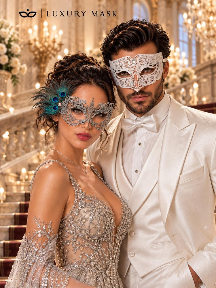 White Diamond Clear Stone Mask for Men & Silver Peacock Lace Mask for Women - Feathered Venetian Masquerade Couple Set - product photo