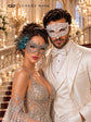 White Diamond Clear Stone Mask for Men & Silver Peacock Lace Mask for Women - Feathered Venetian Masquerade Couple Set - product photo