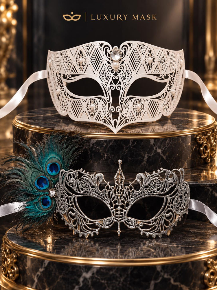 White Diamond Clear Stone Mask for Men & Silver Peacock Lace Mask for Women - Feathered Venetian Masquerade Couple Set - product photo