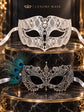 White Diamond Clear Stone Mask for Men & Silver Peacock Lace Mask for Women - Feathered Venetian Masquerade Couple Set - product photo