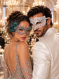 White Diamond Clear Stone Mask for Men & Silver Peacock Lace Mask for Women - Feathered Venetian Masquerade Couple Set - product photo