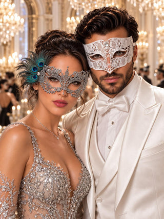 White Diamond Clear Stone Mask for Men & Silver Peacock Lace Mask for Women - Feathered Venetian Masquerade Couple Set - main image