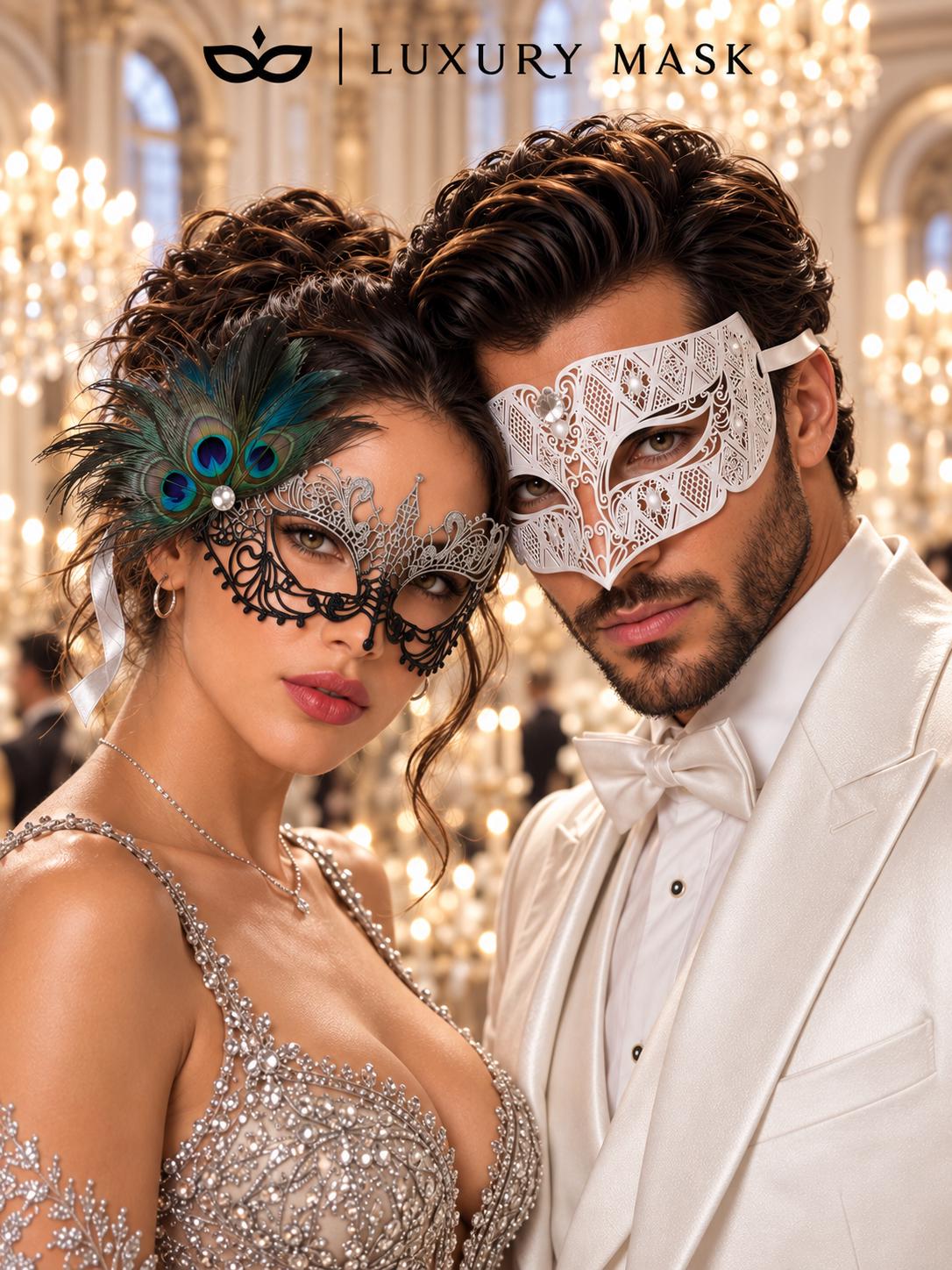 Silver Black Peacock Lace Mask for Women & White Diamond Metal Mask for Men - Clear Stone Venetian Masquerade Masks for Couples - product photo