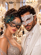 Silver Black Peacock Lace Mask for Women & White Diamond Metal Mask for Men - Clear Stone Venetian Masquerade Masks for Couples - product photo