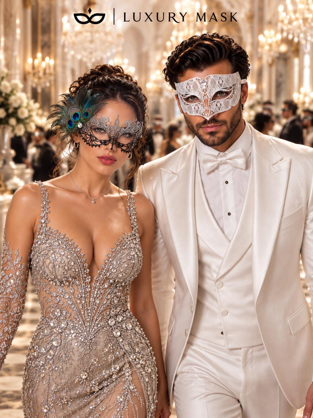 Silver Black Peacock Lace Mask for Women & White Diamond Metal Mask for Men - Clear Stone Venetian Masquerade Masks for Couples - product photo