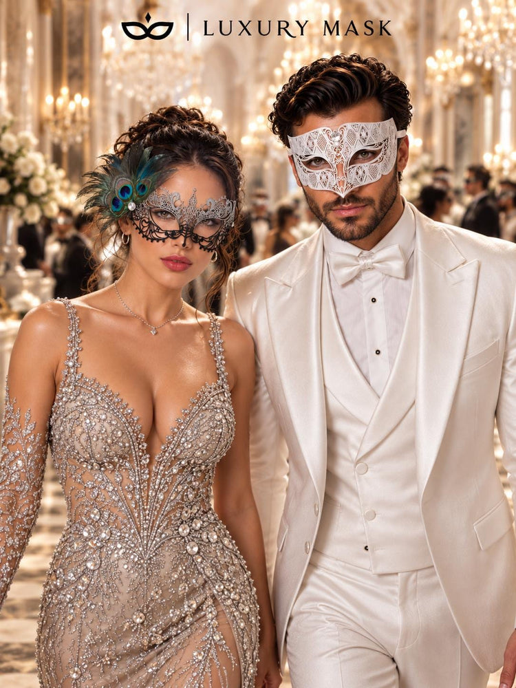 Silver Black Peacock Lace Mask for Women & White Diamond Metal Mask for Men - Clear Stone Venetian Masquerade Masks for Couples - product photo