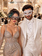 Silver Black Peacock Lace Mask for Women & White Diamond Metal Mask for Men - Clear Stone Venetian Masquerade Masks for Couples - product photo