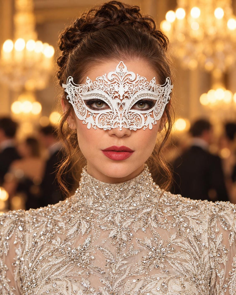 White Masquerade Mask for Women with Rhinestones, Party Eye Mask for Prom and Halloween - main image